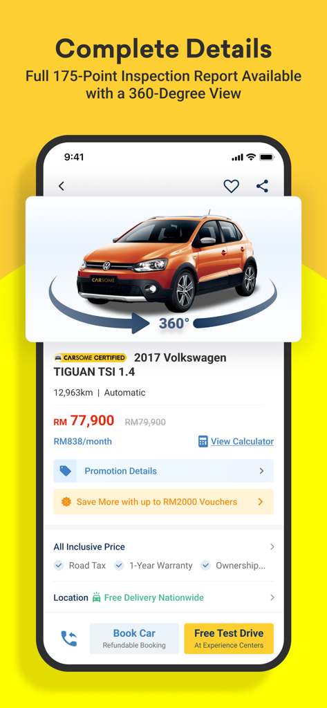 CARSOME: Buy,Sell,Service Cars - Interface da aplicação CARSOME exibindo um anúncio de carro usado com uma vista 360 graus do veículo