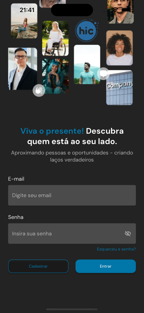 hic - Login screen for the hic social network featuring a collage of user profiles and a login form