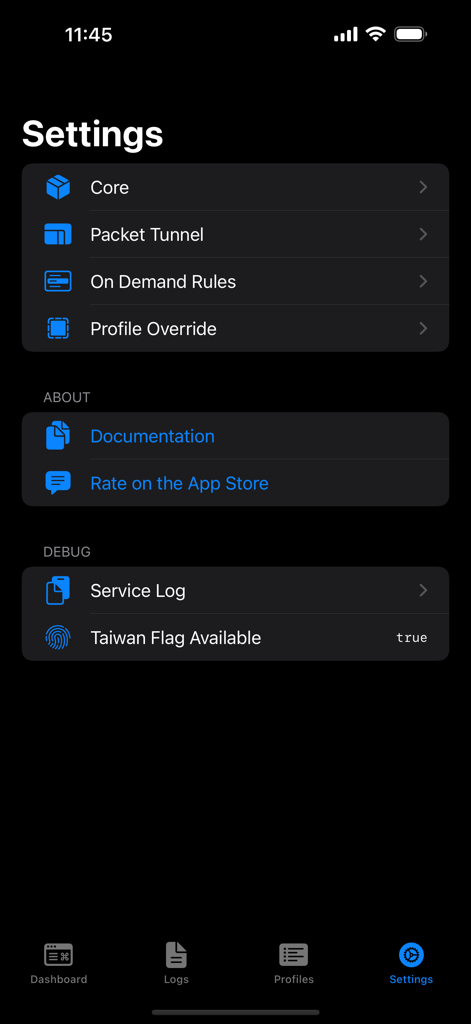 Settings screen of the sing-box VT app displaying network configuration and debug options