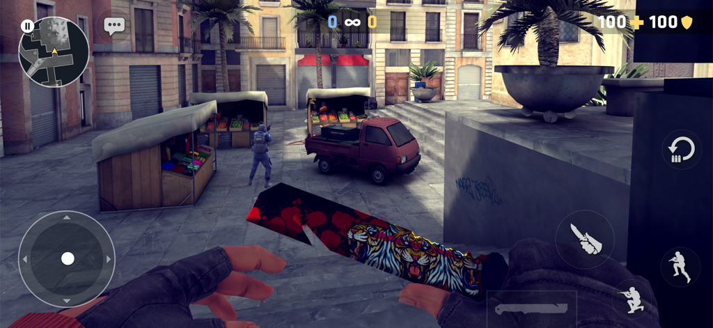 First person perspective of Critical Ops gameplay showing a player holding a tiger themed knife skin in an urban plaza map