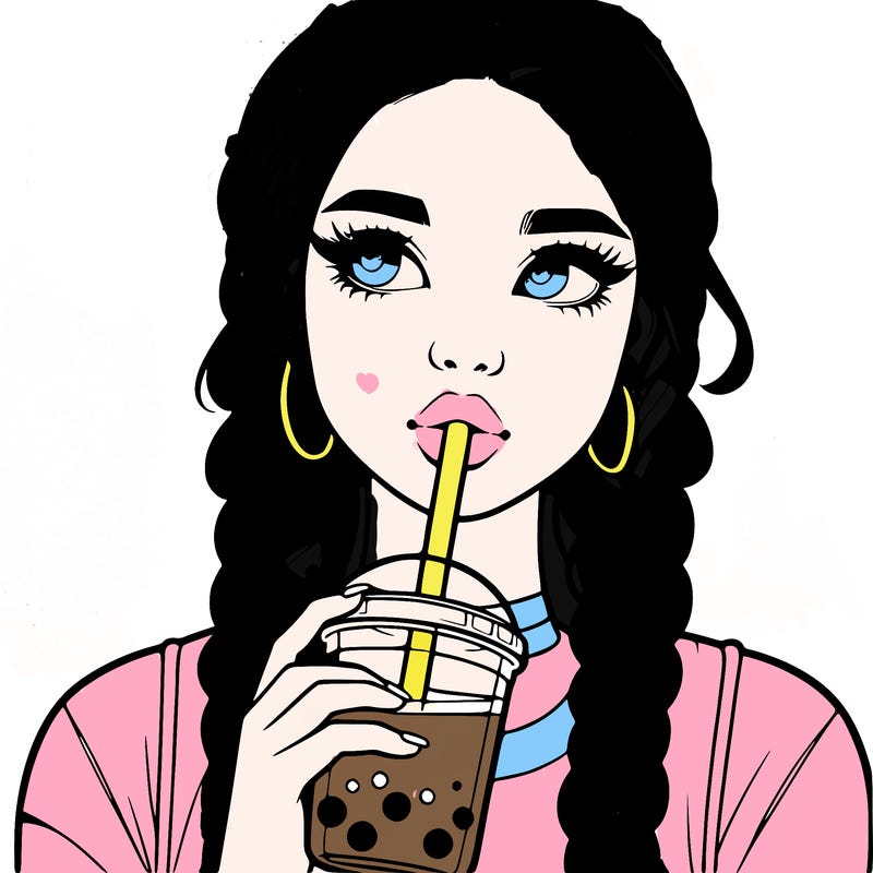 realistic girl with braided hair drinking boba