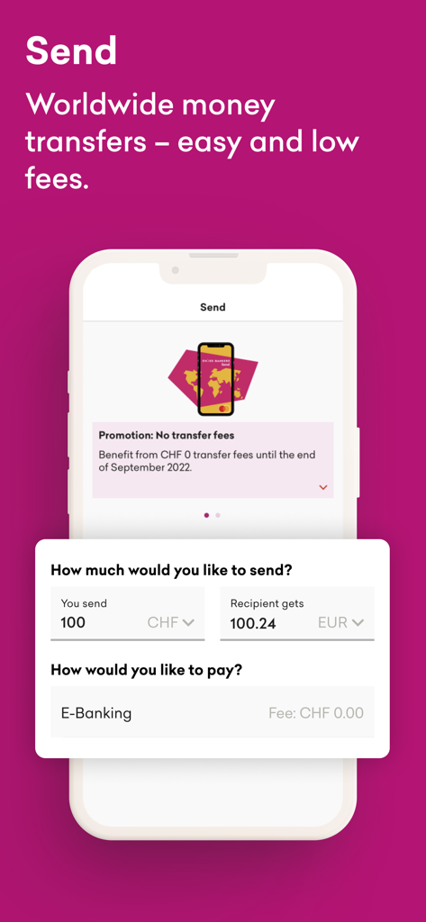 Swiss Bankers - Swiss Bankers app interface showing international money transfer from CHF to EUR with low fees