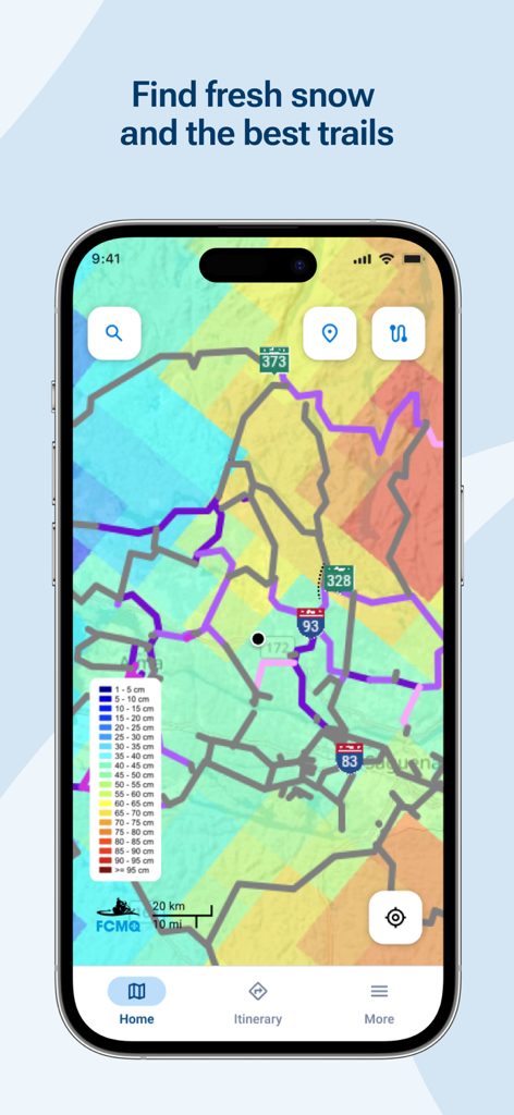 iMotoneige app interface showing a snowmobile trail map with a colored legend for snow depth levels.