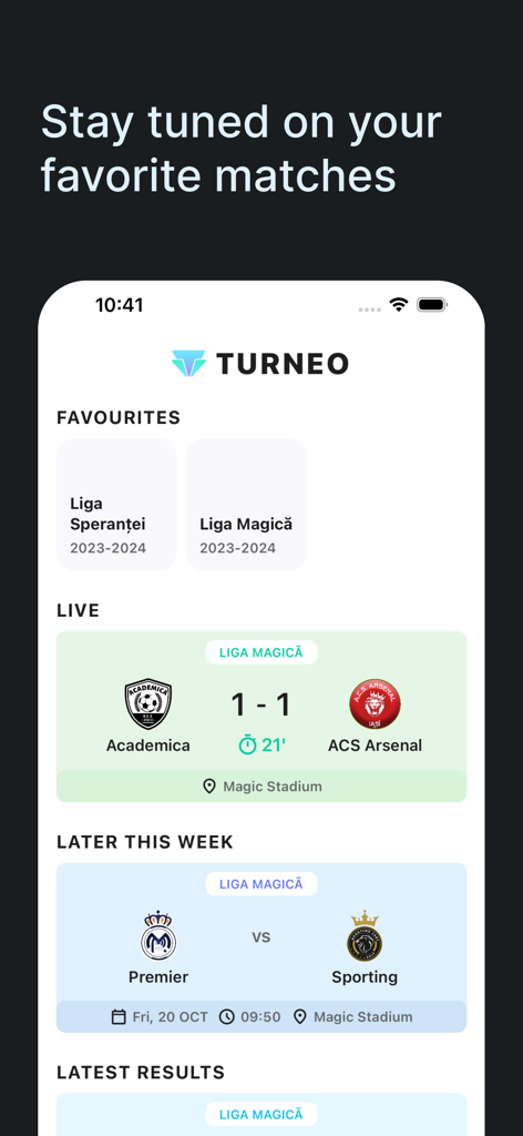 Turneo - Interface of Turneo app showing live scores and sports schedules for amateur leagues