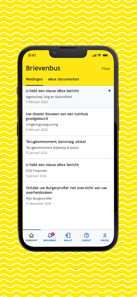 Interface of the Burgerprofiel app showing the mailbox section with official government notifications.