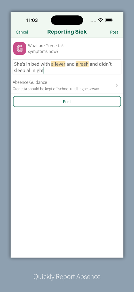 Studybugs - Interface of the Studybugs app for reporting a child's illness and receiving school absence guidance