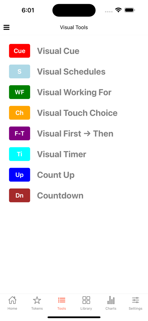 Visual Cue - A list of visual support tools in the Visual Cue app including schedules and timers