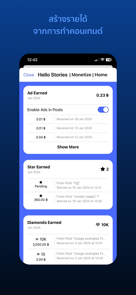 Blockdit - Blockdit app dashboard showing creator revenue from ads stars and diamonds