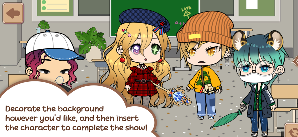 Character Life: Anime Dress up - Vier stilvolle Anime-Charaktere in einer Klassenzimmerszene aus der Character Life App