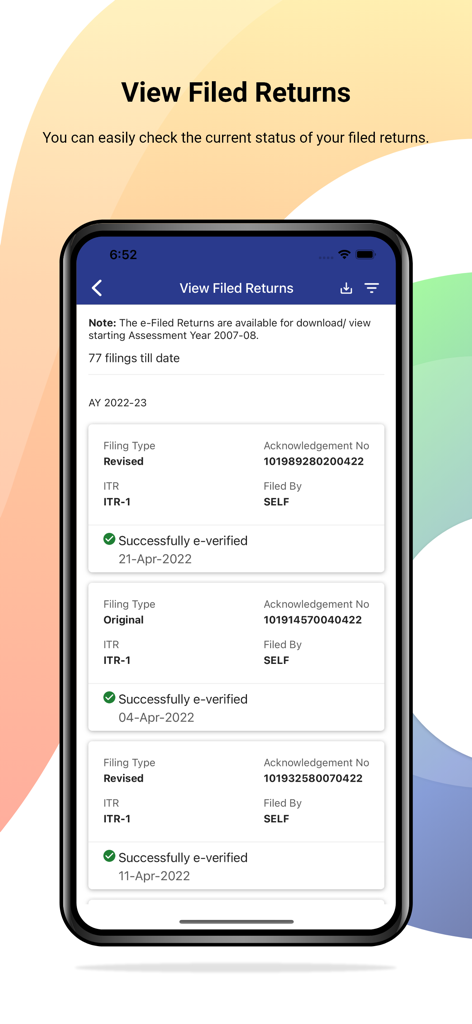 My I-tax - 제출된 소득세 신고서의 상태를 보여주는 My I-tax 앱 화면