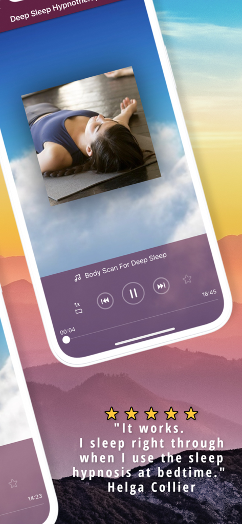 Deep Sleep Hypnotherapy - Interfaz de la aplicación Hipnoterapia para Dormir Profundamente con una sesión de escaneo corporal y una reseña de usuario de cinco estrellas