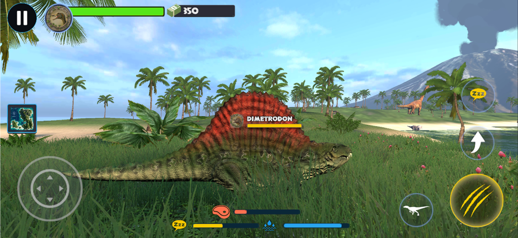 Jurassic Clash Primal Dino Sim - Dimetrodon dinosaur survival simulator gameplay with palm trees and volcano background