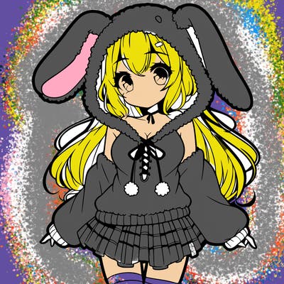 pretty anime girl wearing a fluffy hoodie with bunny ears on the hood and a skirt