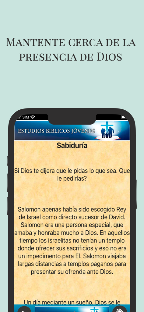 Spanish youth Bible study app showing a reflection on wisdom and King Solomon.