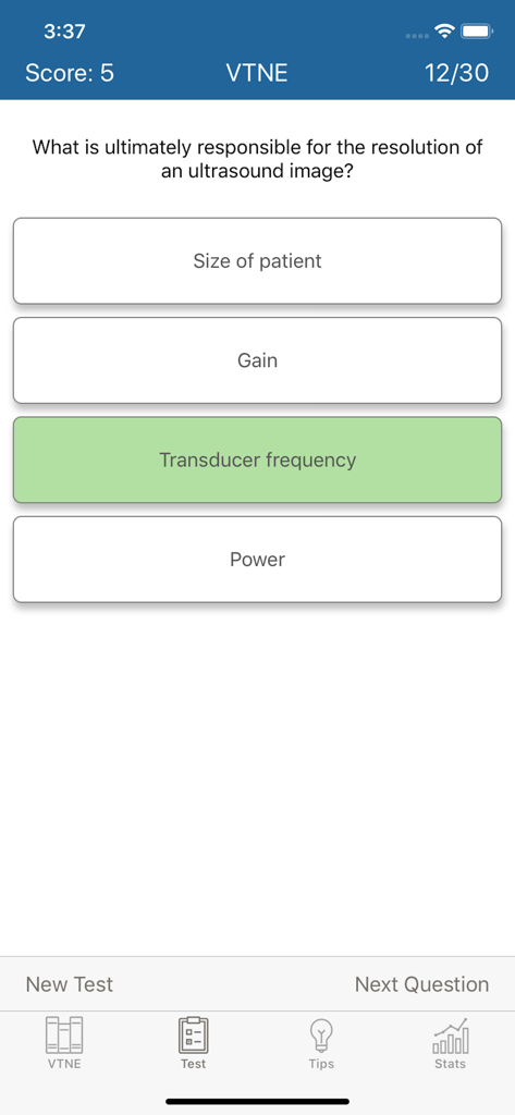 VTNE practice exam screen showing a multiple choice question about ultrasound image resolution