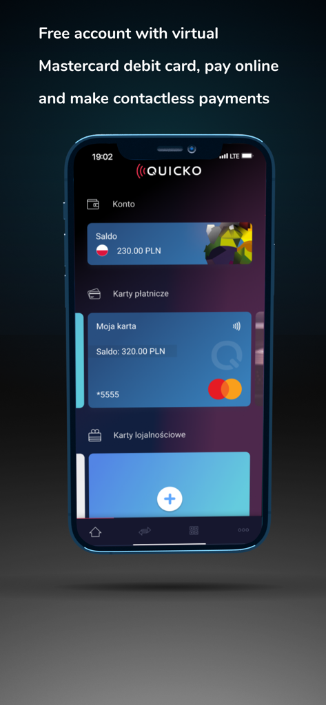 Quicko Wallet - Quicko Wallet mobile app interface showing a virtual Mastercard debit card for online and contactless payments.