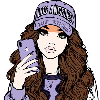 realistic beautiful girl wearing los ángeles cap holding an iphone