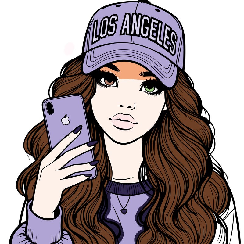 realistic beautiful girl wearing los ángeles cap holding an iphone