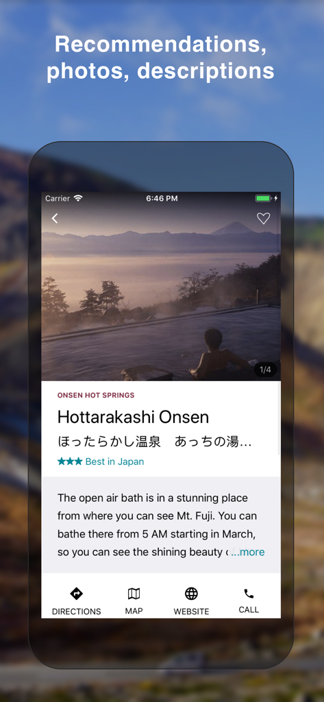 Michi Japan Road Guide Offline - Michi Japan Road Guide app screen showing an onsen recommendation with a mountain view