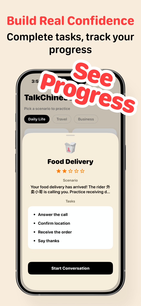 Talk Chinese - Get Fluent - Talk Chinese app interface showing a real life food delivery practice scenario with specific tasks to complete