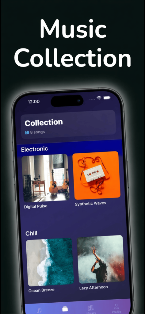 Musicra : AI Song Generator - Musicra app interface showing a music collection with categorized tracks like Electronic and Chill