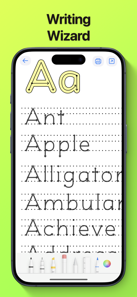 Modern Handwriting Calligraphy - Pantalla de un smartphone mostrando la aplicación Caligrafía de Escritura Moderna con práctica de calco de la letra A y un conjunto de herramientas de bolígrafo digital en la parte inferior.