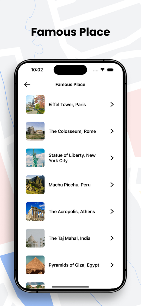 QuickNav Gps Map Navigation - QuickNav app interface displaying a list of famous global landmarks like the Eiffel Tower and Colosseum