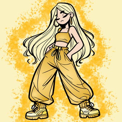 girl in baggy pants crop top and long hair