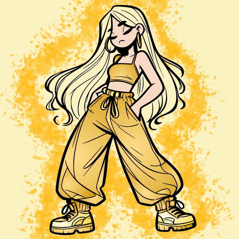 girl in baggy pants crop top and long hair