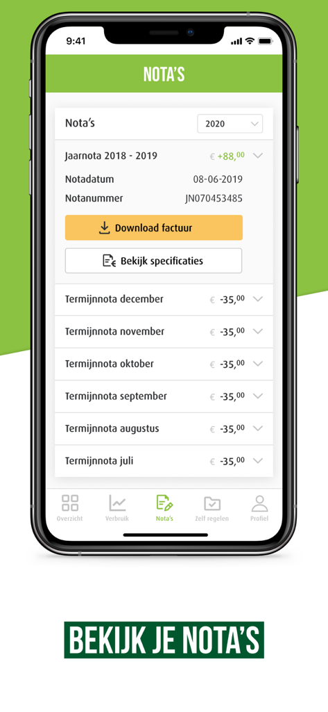 Greenchoice - Pantalla de la aplicación Greenchoice que muestra una lista de facturas de energía mensuales y anuales con opciones para descargar facturas.