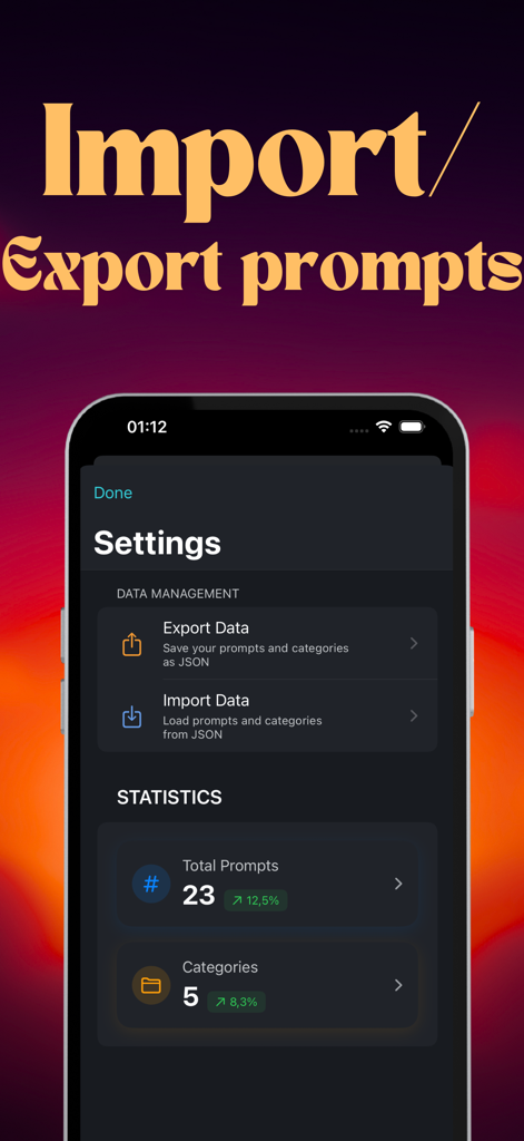 Tela de configurações do aplicativo Solihub mostrando opções de importação e exportação de dados para prompts de IA