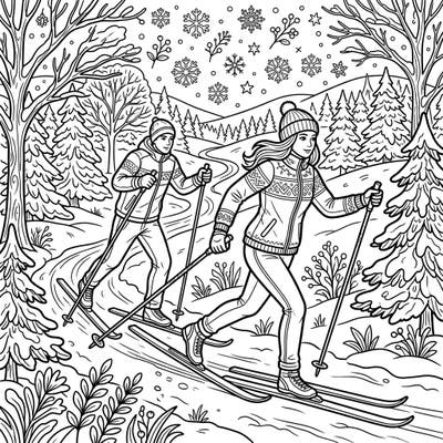 Experience the exhilaration of cross-country skiing with this delightful coloring page featuring two active skiers amidst a serene winter landscape. Perfect for those who love winter sports and outdoor adventures.