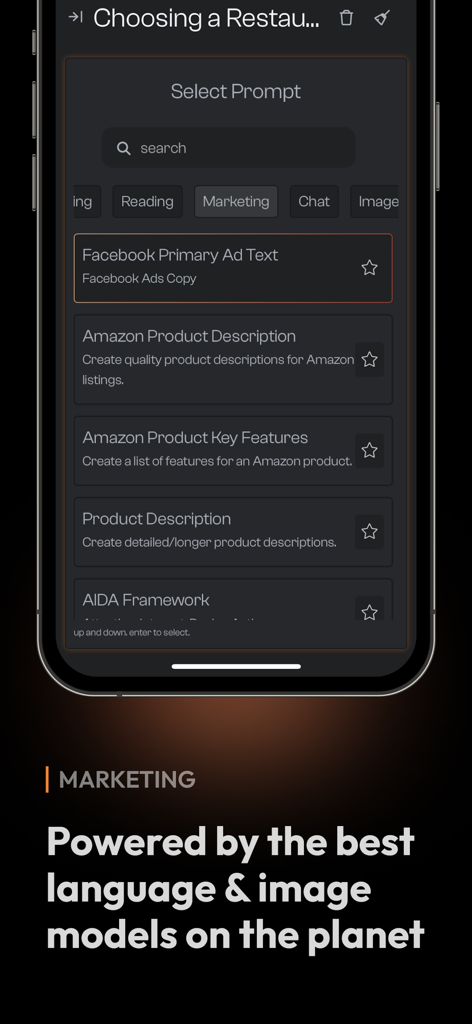 Bearly AI - Bearly AI app interface showing a list of marketing prompt templates for social media ads and product descriptions.