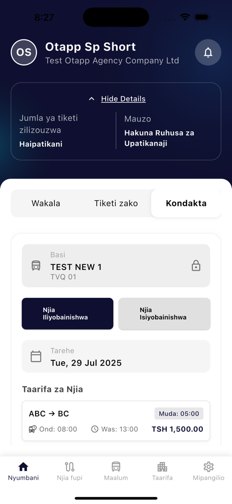 Obus - Obus mobile app interface for bus agents showing route schedules and ticket prices in Tanzania.