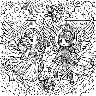Unleash your creativity with this enchanting coloring page featuring two adorable chibi angels amidst a celestial backdrop. Dive into a world of divine fantasy, perfect for all ages and skill levels.
