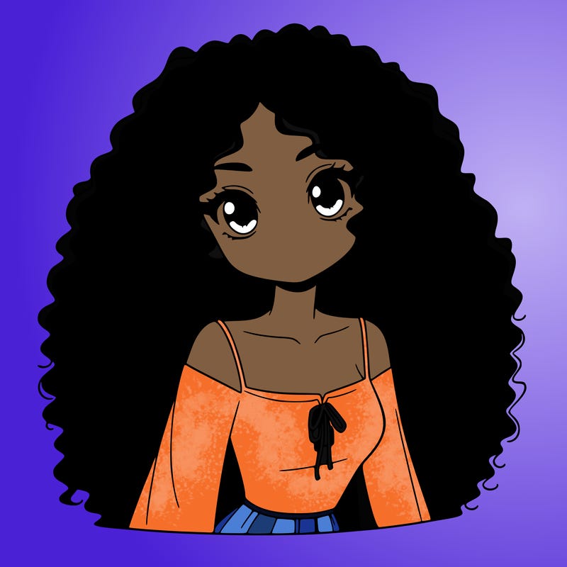 a black anime girl with long afro hair