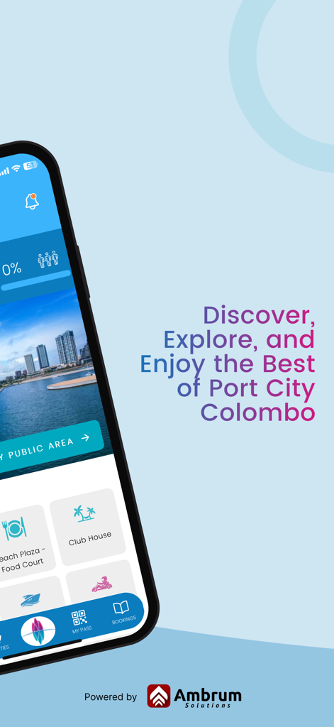 Un teléfono inteligente que muestra la interfaz de la aplicación Port City Colombo con opciones para cenar y actividades