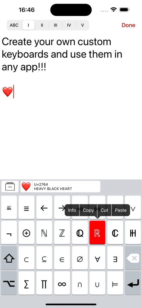 Unicode Pad Pro with keyboards - Interface of Unicode Pad Pro showing a custom keyboard with mathematical symbols.