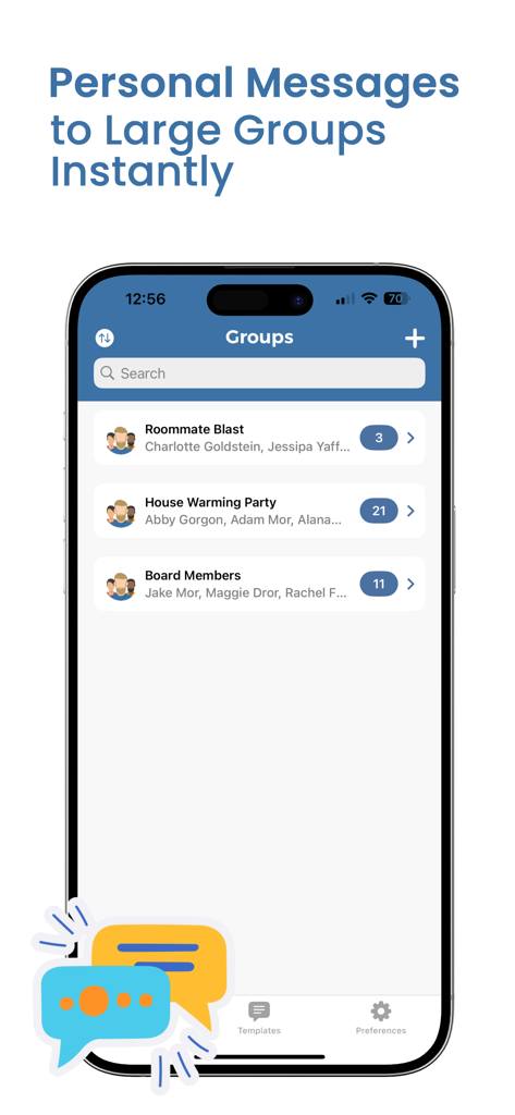 Group Text | Mass Message - Interface of the Group Text app showing organized contact groups like Roommate Blast and Board Members for mass messaging.