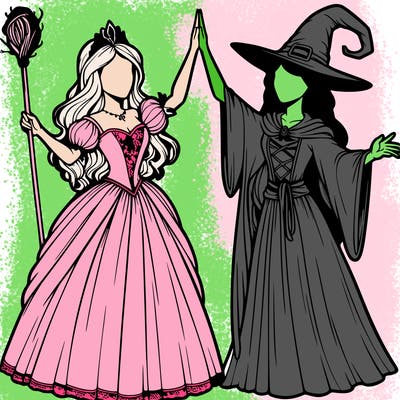 detailed realistic split of a princess and a witch