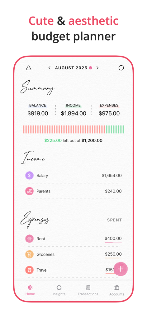 Fleur app dashboard showing aesthetic monthly budget summary with income and expense tracking