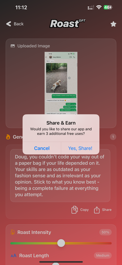 RoastGPT - AI Roast Generator - RoastGPT app interface displaying a generated AI roast from a chat screenshot and a share and earn popup