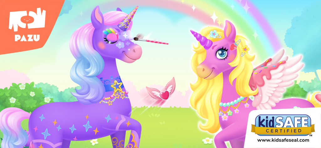 My Unicorn dress up for kids - Two colorful unicorns being decorated with makeup and jewels in a magical rainbow garden with a kidSAFE certification seal
