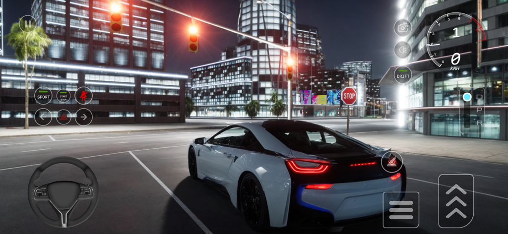 Car Driving 2026 : School Game - Un coche deportivo blanco conduciendo por una ciudad por la noche en Car Driving 2026 School Game