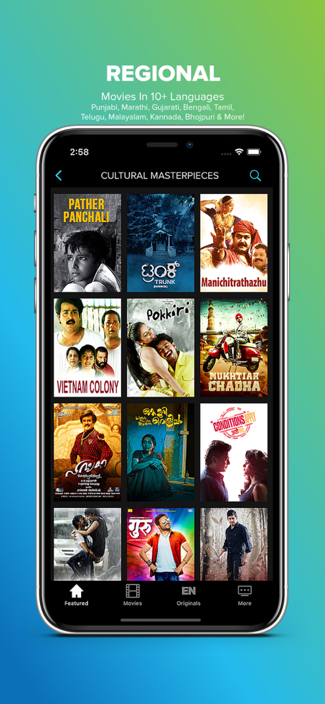 Eros Now app screen showing a collection of regional Indian movies in multiple languages