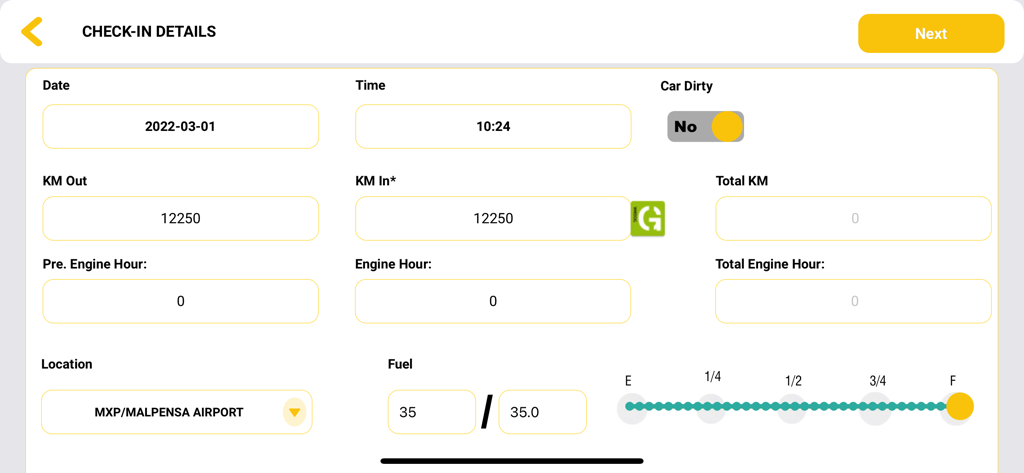 MyRent The Car Rental Software - Schermata dei dettagli del check-in nell'app MyRent che mostra campi per data, chilometraggio, livello del carburante e posizione