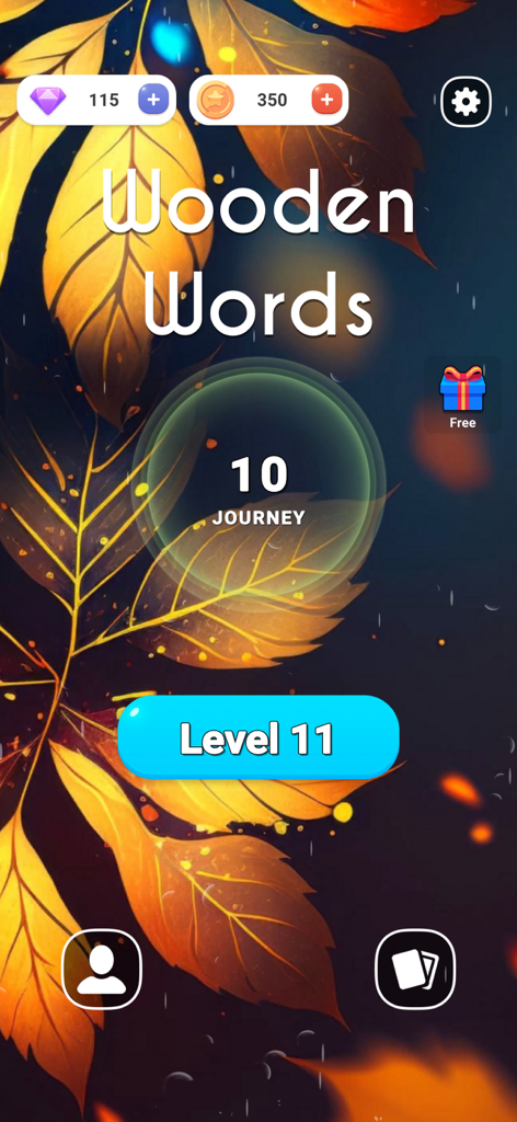 ABC - Wooden Words - Main menu of ABC Wooden Words game showing level 11 and an autumn leaf background