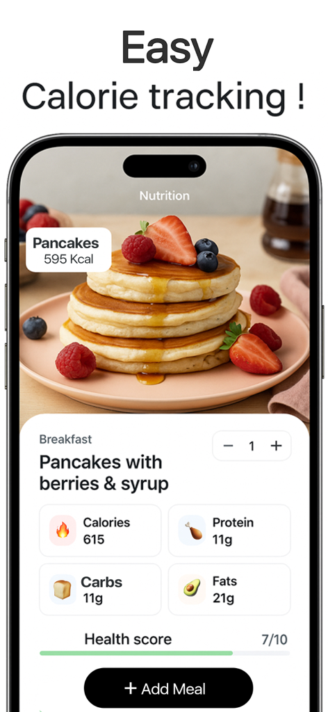Calorie tracker - Cal Diet ai - Smartphone screen displaying AI food detection and calorie breakdown for pancakes with berries