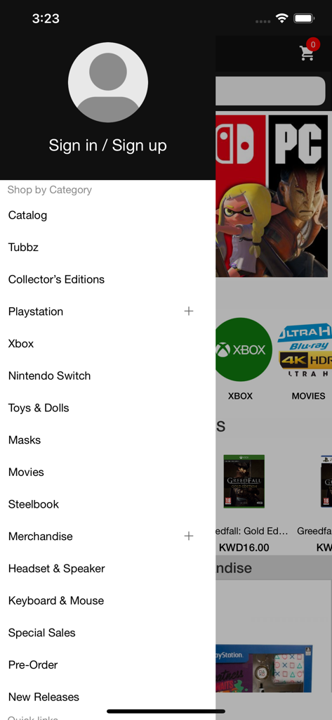 Umbrella Store - Menu de navegação do aplicativo móvel Umbrella Store com categorias de games e colecionáveis
