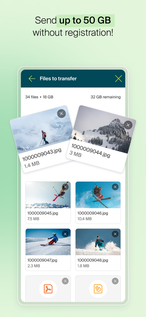 SwissTransfer app interface showing files ready to send up to 50 GB without registration